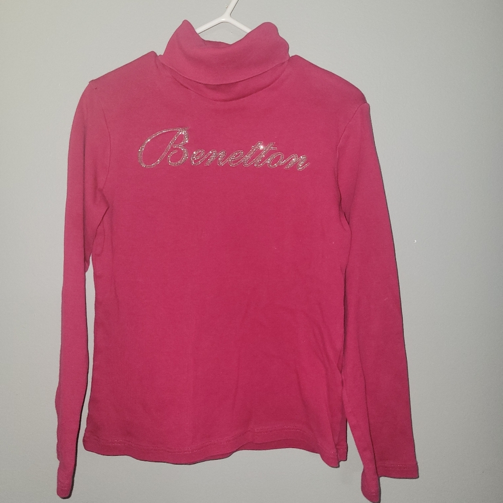 Benetton Pink Turtleneck Long Sleeve Silver Sparkle Girls Size 6-7